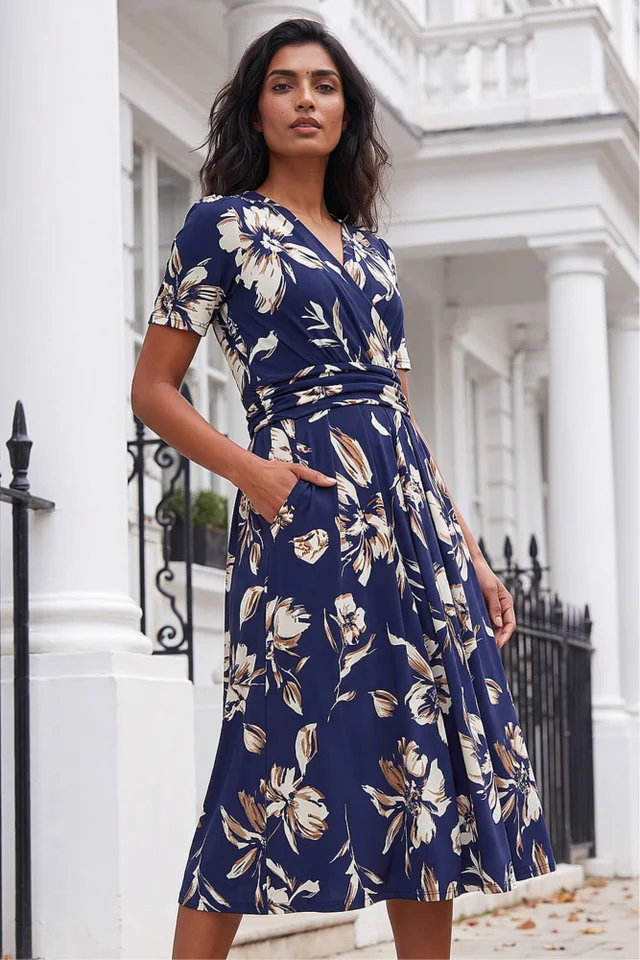 Roman Navy Floral Wrap Midi Dress