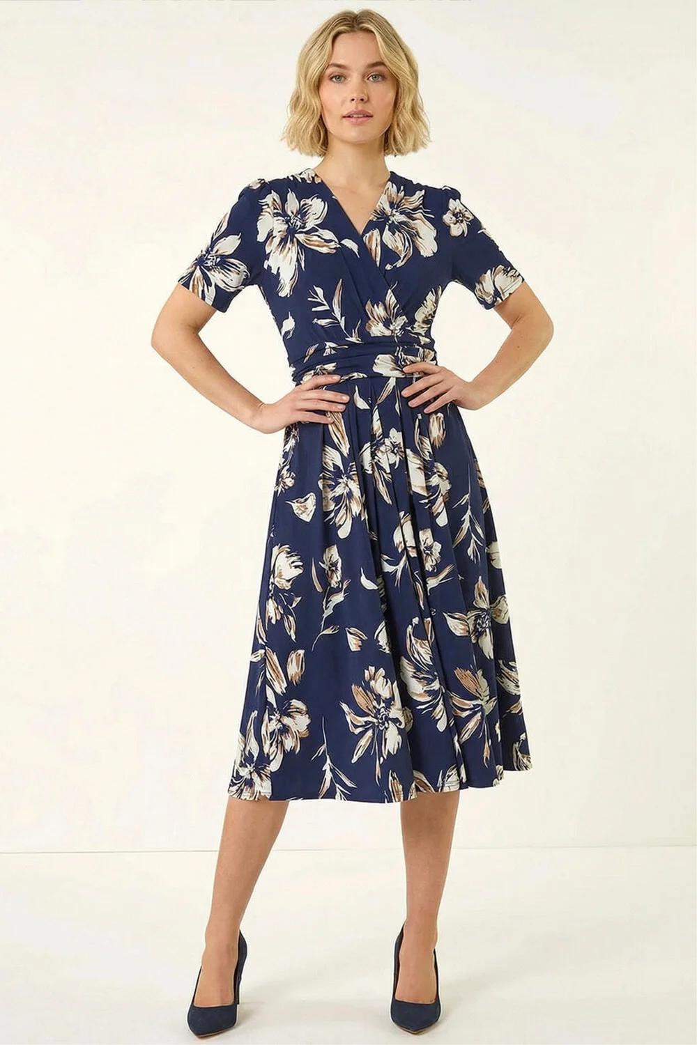 Roman Navy Floral Wrap Midi Dress - 16 Image 2