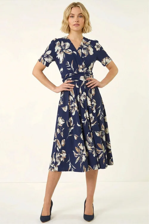 Roman Navy Floral Wrap Midi Dress - 16 Image 2