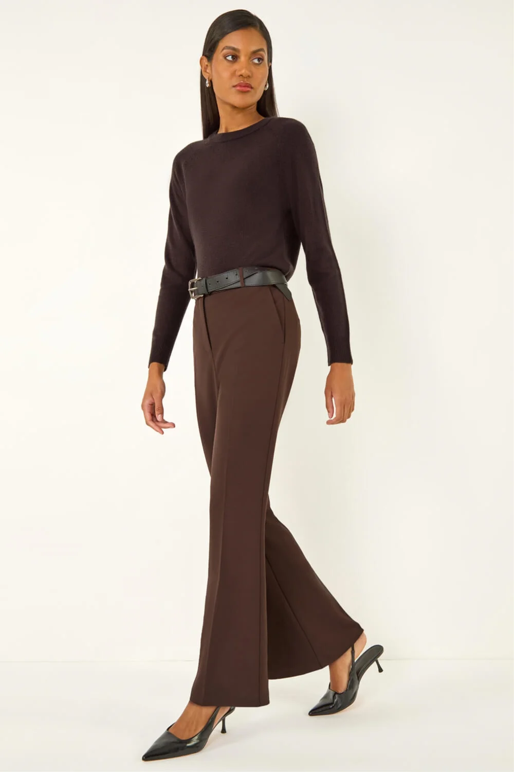 Roman Dark Brown Bootcut Crepe Stretch Trousers - 14 Image 2