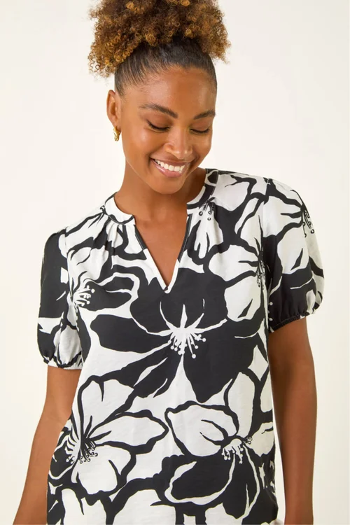 Roman Black Floral Mono Print V-Neck Top - 14 Image 1