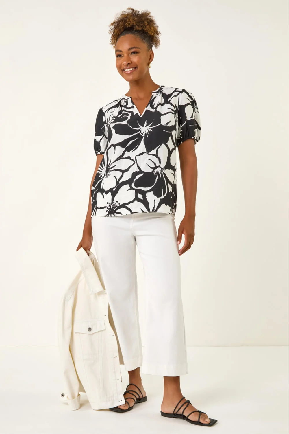 Roman Black Floral Mono Print V-Neck Top - 14 Image 2
