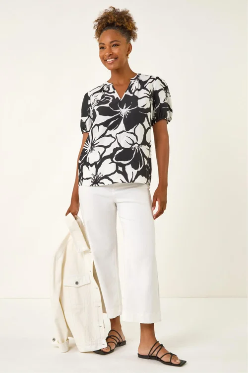 Roman Black Floral Mono Print V-Neck Top - 14 Image 2