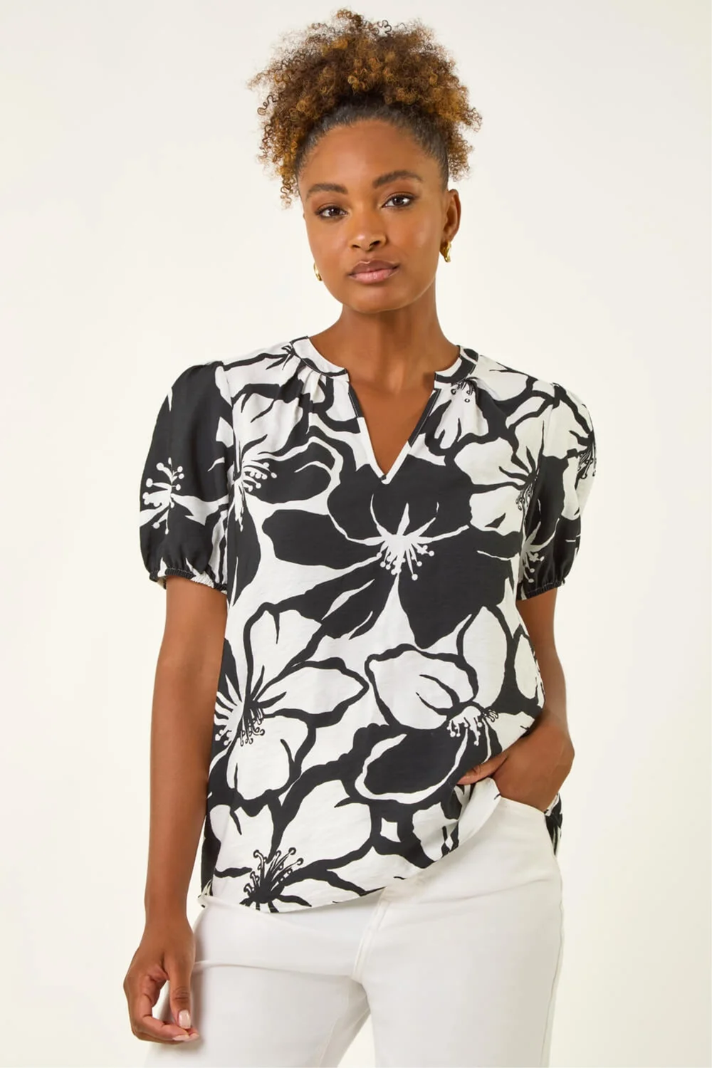 Roman Black Floral Mono Print V-Neck Top - 14 Image 4