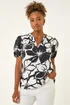 Roman Black Floral Mono Print V-Neck Top - 14 Image 4