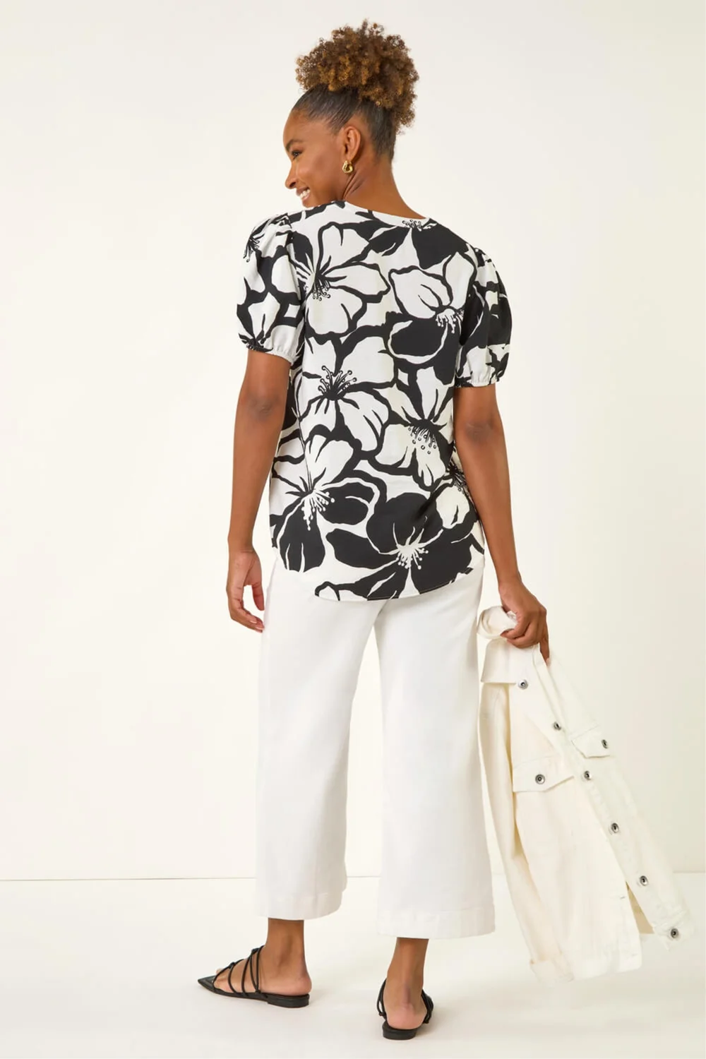 Roman Black Floral Mono Print V-Neck Top - 14 Image 3