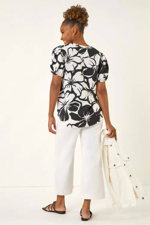 Roman Black Floral Mono Print V-Neck Top - 14 Image 3