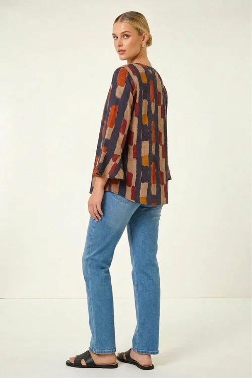 Roman Navy Abstract Print Buttoned Blouse - 14 Image 4