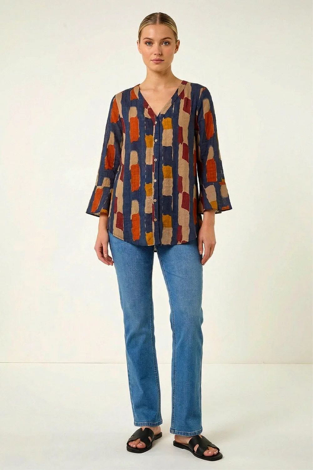 Roman Navy Abstract Print Buttoned Blouse - 14 Image 1