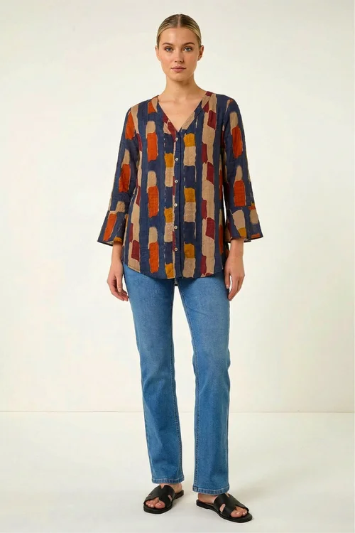 Roman Navy Abstract Print Buttoned Blouse - 14 Image 1