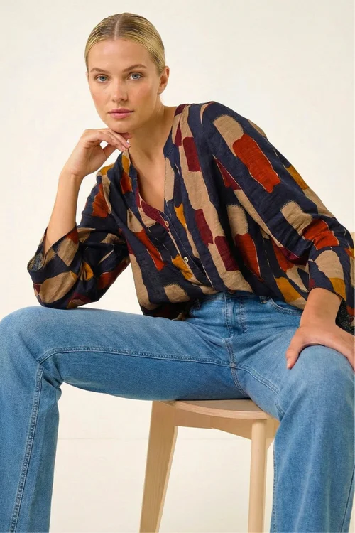 Roman Navy Abstract Print Buttoned Blouse - 14 Image 2