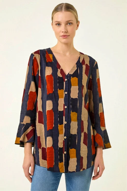 Roman Navy Abstract Print Buttoned Blouse - 14 Image 3
