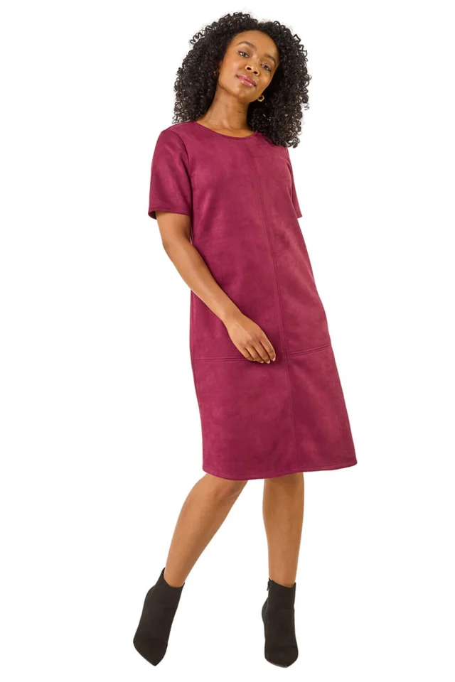 Roman Wine Petite Premium Stretch Suede Shift Dress