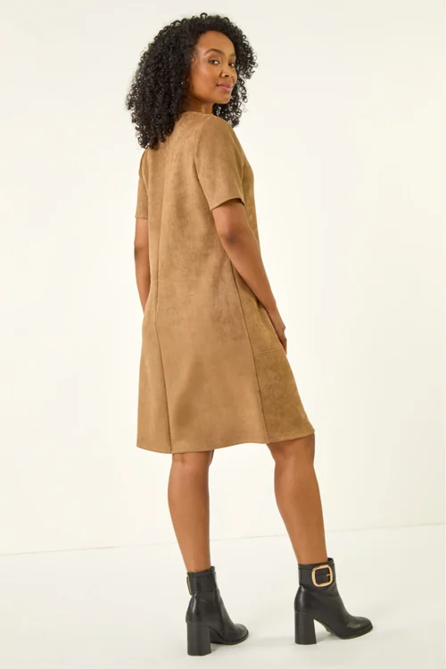 Roman Tan Petite Premium Stretch Suede Shift Dress - 12 Image 3