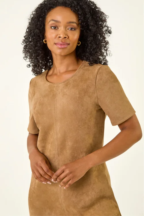Roman Tan Petite Premium Stretch Suede Shift Dress - 12 Image 4