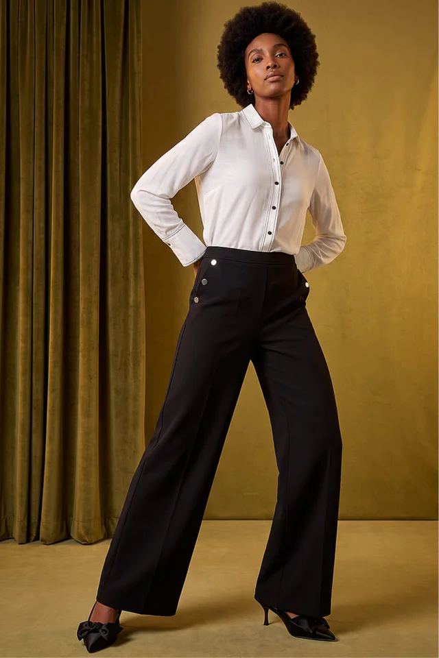 Roman Black Button Pocket Full Length Trousers