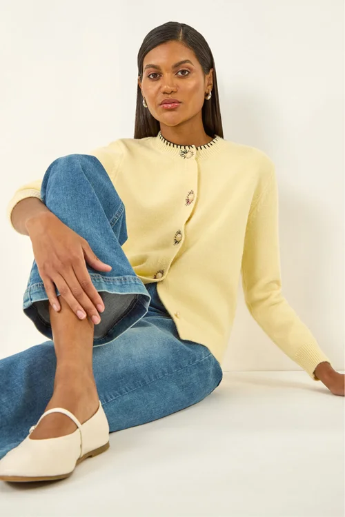 Roman Light Yellow Contrast Stitch Knit Cardigan - 10 Image 3