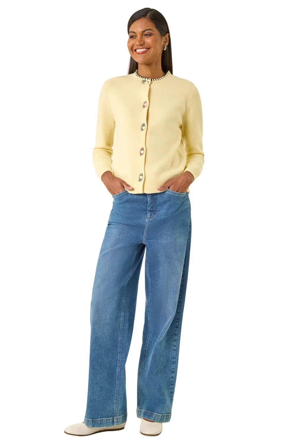 Roman Light Yellow Contrast Stitch Knit Cardigan - 10 Image 2