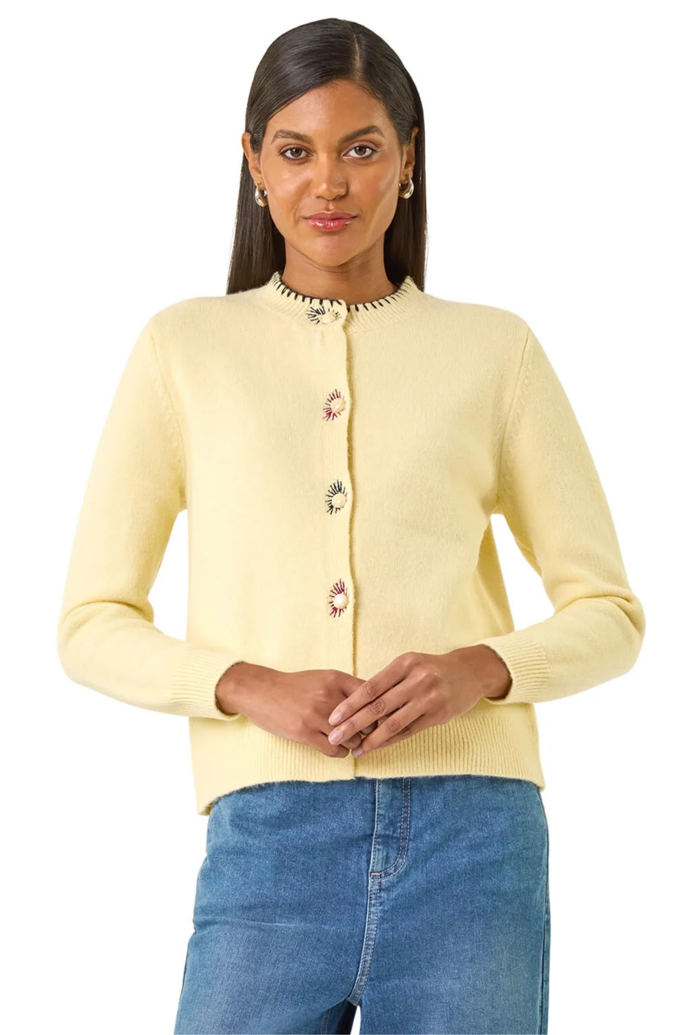 Roman Light Yellow Contrast Stitch Knit Cardigan - 10 Image 1