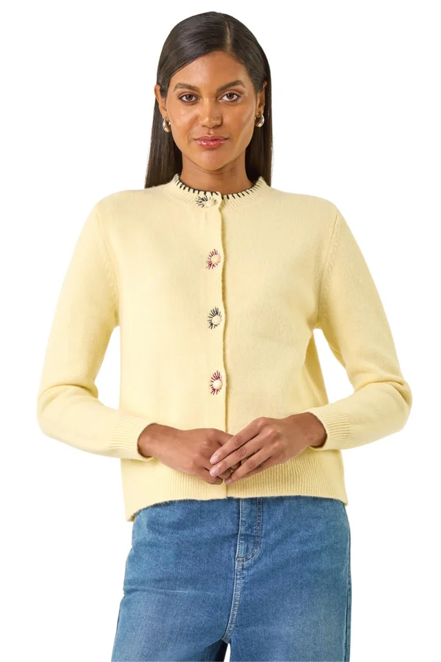 Roman Light Yellow Contrast Stitch Knit Cardigan