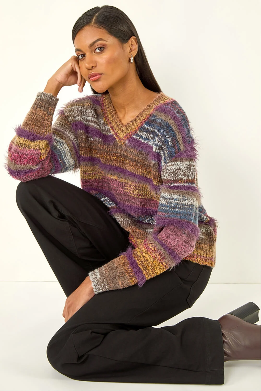 Roman Purple Textured Stripe V-Neck Knit Jumper - 20 Image 3