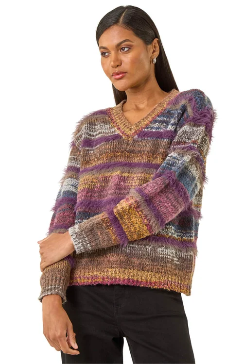 Roman Purple Textured Stripe V-Neck Knit Jumper - 20 Image 1