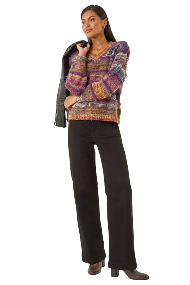 Roman Purple Textured Stripe V-Neck Knit Jumper