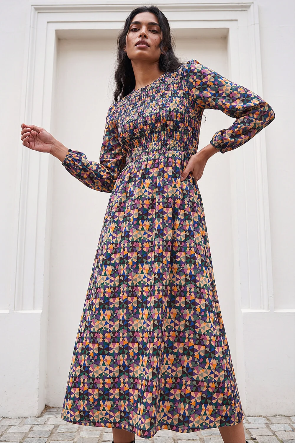 Roman Mauve Geometric Print Shirred Midi Dress - 16 Image 1