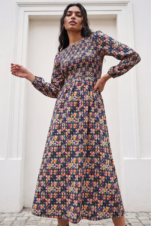 Roman Mauve Geometric Print Shirred Midi Dress - 16 Image 1