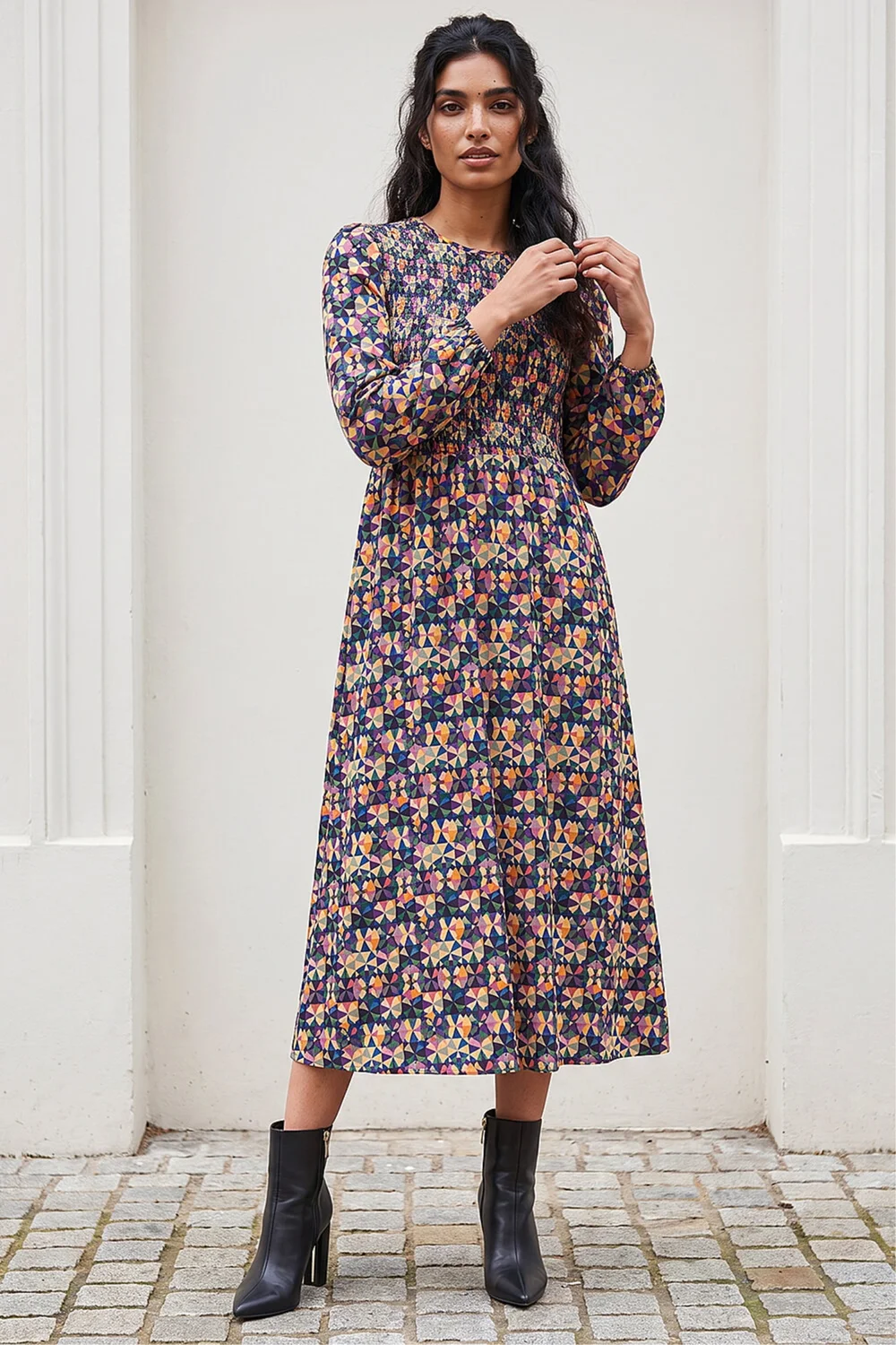 Roman Mauve Geometric Print Shirred Midi Dress - 16 Image 2
