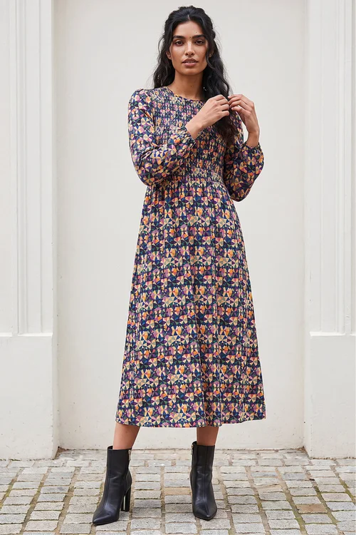 Roman Mauve Geometric Print Shirred Midi Dress - 16 Image 2