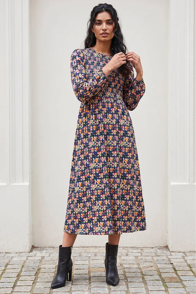Roman Mauve Geometric Print Shirred Midi Dress