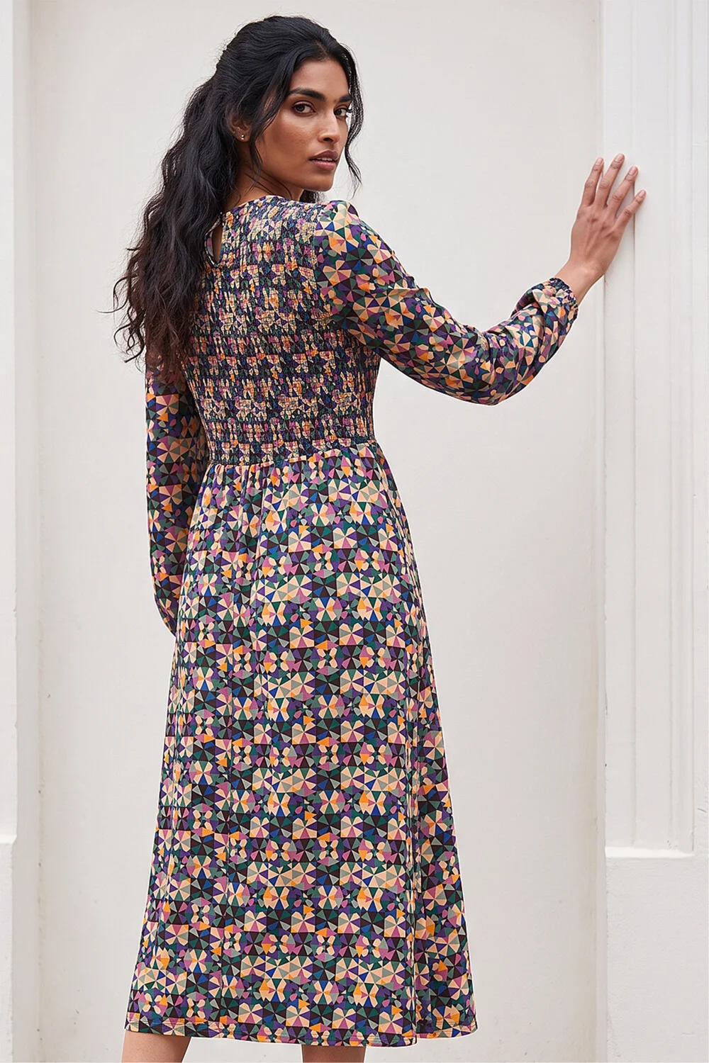 Roman Mauve Geometric Print Shirred Midi Dress - 16 Image 3