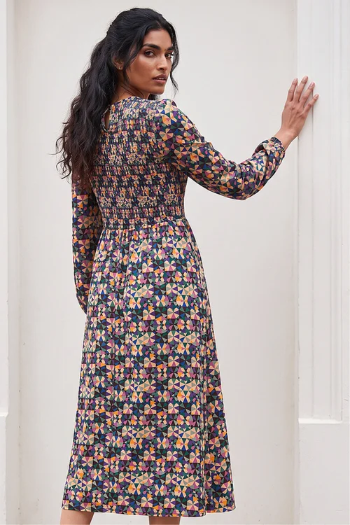 Roman Mauve Geometric Print Shirred Midi Dress - 16 Image 3