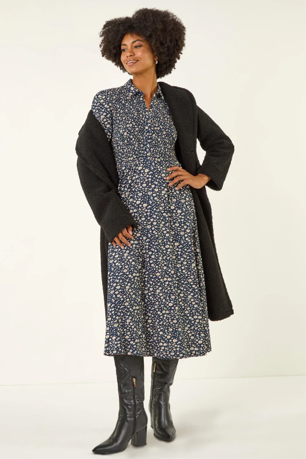 Roman Navy Ditsy Floral Print Shirred Midi Dress - 16 Image 2