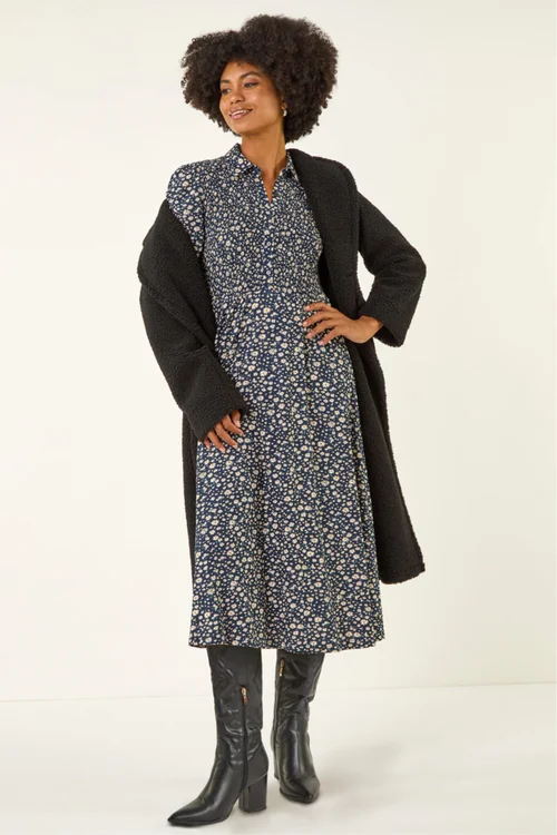 Roman Navy Ditsy Floral Print Shirred Midi Dress - 16 Image 2