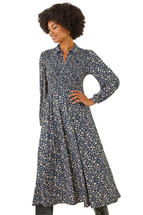 Roman Navy Ditsy Floral Print Shirred Midi Dress - 16 Image 1
