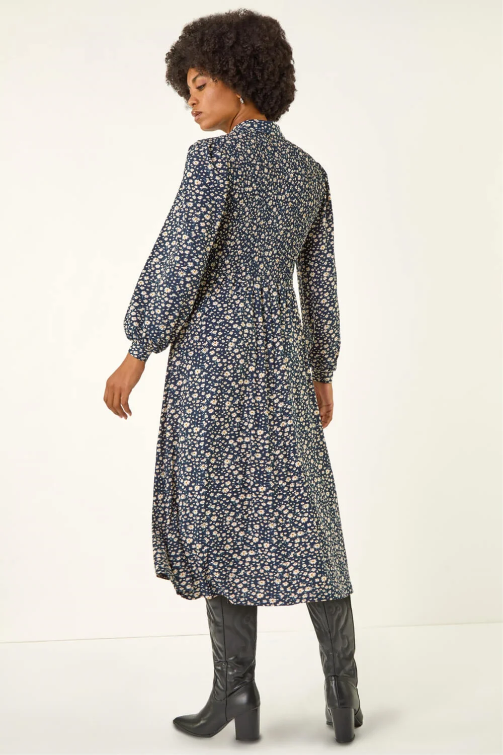 Roman Navy Ditsy Floral Print Shirred Midi Dress - 16 Image 3