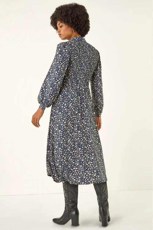 Roman Navy Ditsy Floral Print Shirred Midi Dress - 16 Image 3