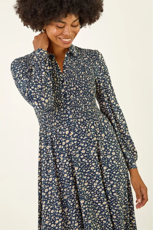 Roman Navy Ditsy Floral Print Shirred Midi Dress - 16 Image 4
