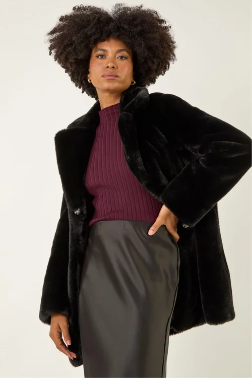 Roman Black Faux Fur Longline Coat - 20 Image 4