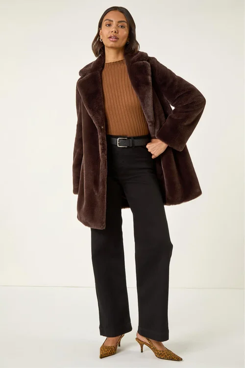 Roman Chocolate Faux Fur Longline Coat - 20 Image 2