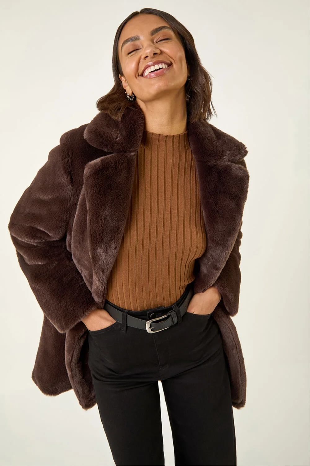 Roman Chocolate Faux Fur Longline Coat - 20 Image 1