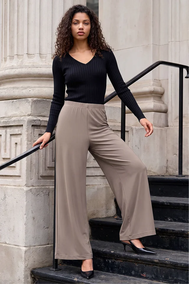 Roman Taupe Petite Wide Leg Stretch Trouser
