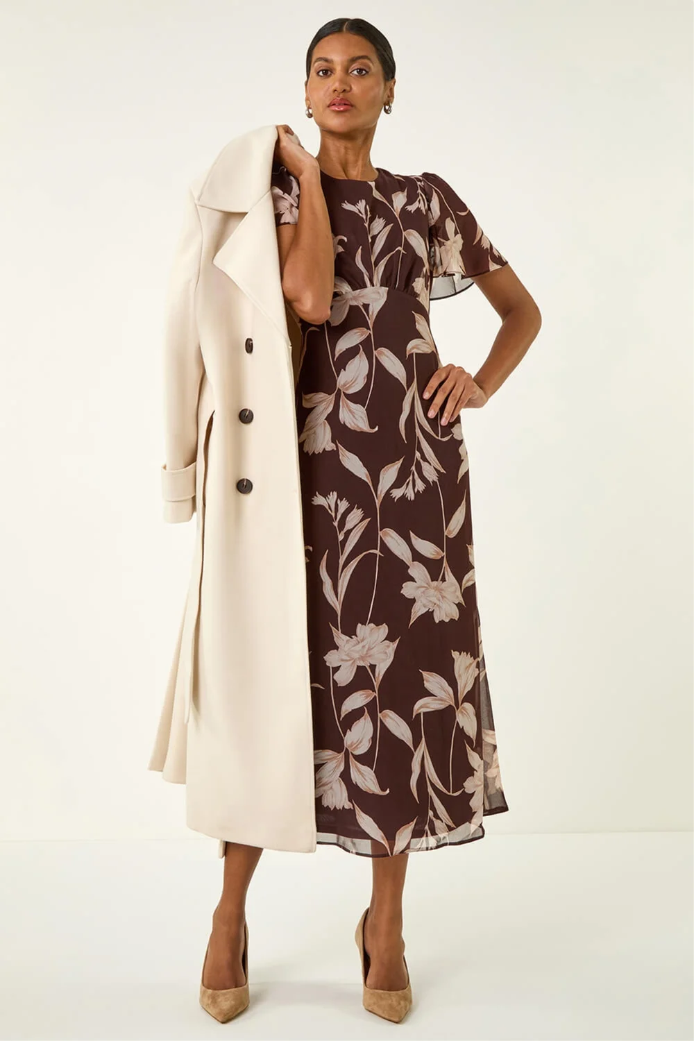 Roman Chocolate Floral Print Flutter Sleeve Midi Dress - 12 Image 3
