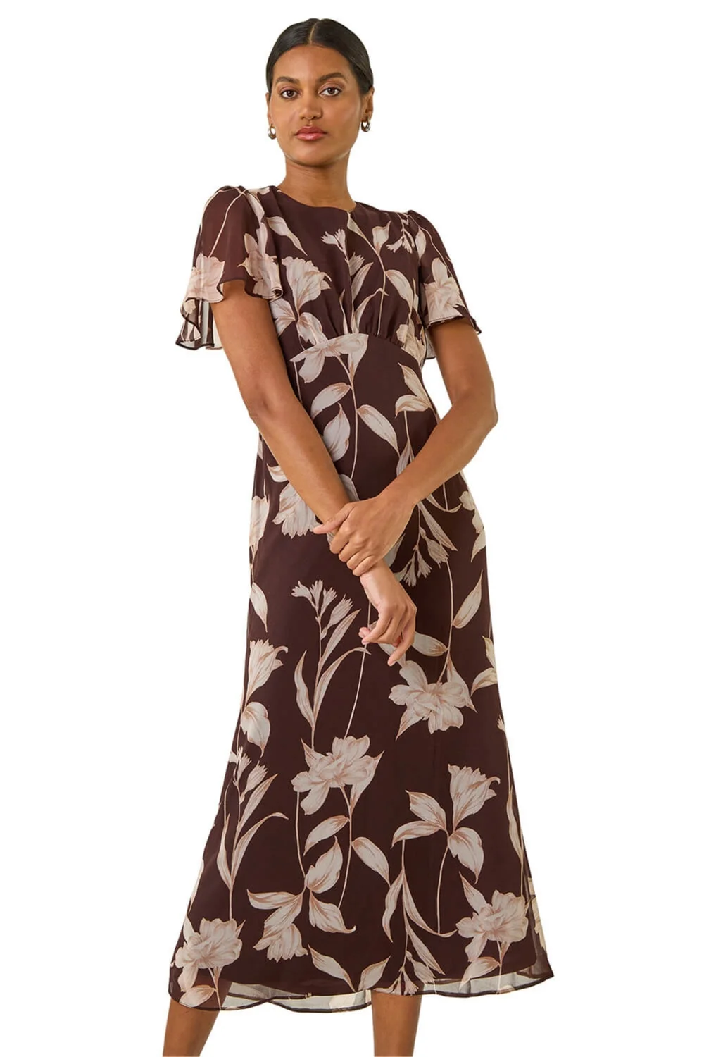 Roman Chocolate Floral Print Flutter Sleeve Midi Dress - 12 Image 1