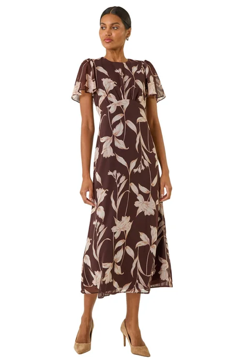 Roman Chocolate Floral Print Flutter Sleeve Midi Dress - 12 Image 2