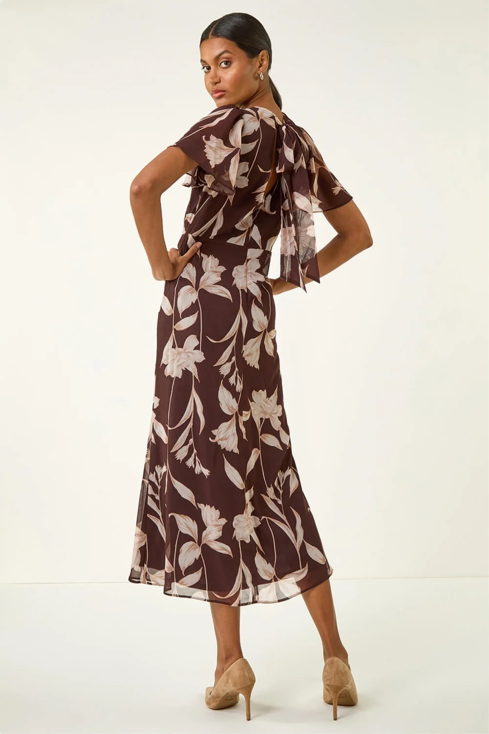 Roman Chocolate Floral Print Flutter Sleeve Midi Dress - 12 Image 4