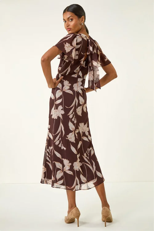 Roman Chocolate Floral Print Flutter Sleeve Midi Dress - 12 Image 4