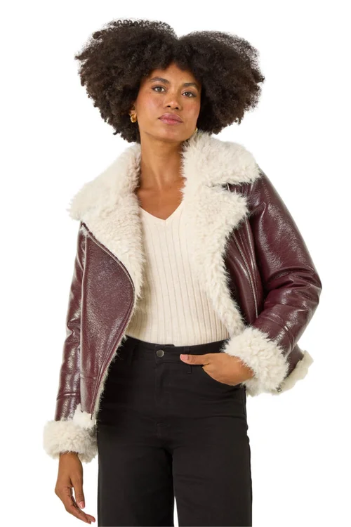 Roman Burgundy Contrast Faux Leather Aviator Coat - 18 Image 1